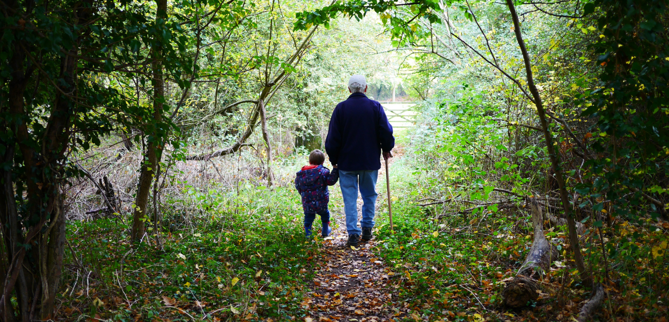 Isoisä kulkee pikkupojan kanssa metsäpolkua.